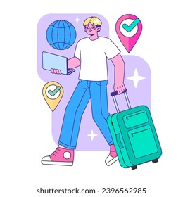 Confident traveler strides forward, laptop in hand and suitcase rolling behind, ready to explore the world with trusty navigation aids guiding the way. Flat vector illustration.
