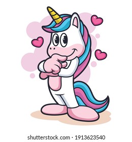 Confident Unicorn Cartoon with Cute Pose. Animal Fantasy Icon Concept, Isolated on White Background with Love