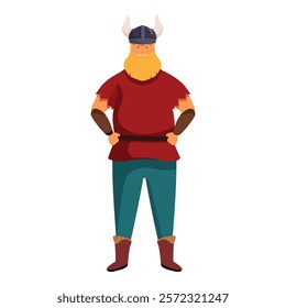 Confident viking character wearing helmet and red tunic standing with hands on hips