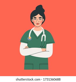 Confident white female Doctor standing arms crossed. Young Intern lady or Nurse with stethoscope. Health Care concept. Hand drawn colored trendy Vector illustration. Isolated on red background