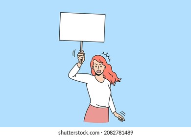 Confident woman activist with placard in hands protest against gender discrimination on street. Determined female volunteer march for equal rights. Freedom of speech. Flat vector illustration. 