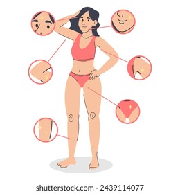 Confident woman after hair removal vector isolated. Illustration of a female person in swimwear without hair on body after laser depilation. Epilation procedure advertising.