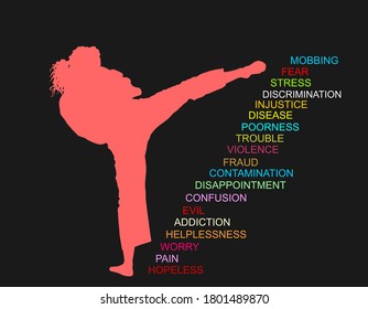 Confident woman against problems and stress in life vector silhouette isolated on black background. Sport lady wins troubles and challenges. Karate woman power concept. Self defense girl position.