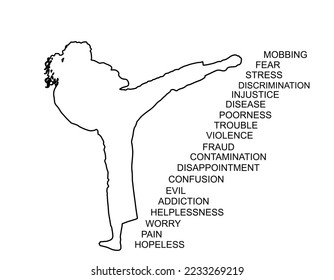 Confident woman against problems and stress in life vector silhouette isolated on white. Sport lady wins troubles and challenges. Karate line contour shape power concept. Self defense girl position.