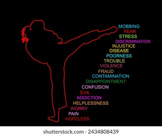 Confident woman against problems and stress in life vector silhouette isolated on black. Sport lady wins troubles and challenges. Karate line contour shape shadow power. Self defense girl position.