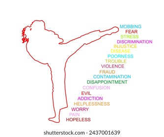 Confident woman against problems and stress in life vector silhouette isolated on white. Sport lady wins troubles and challenges. Karate line contour shape shadow power. Self defense girl position.