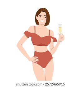 Confident Woman in Bikini Holding a Glass of Champagne. Flat vector illustration isolated on white background