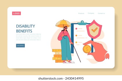 Confident woman with a cane stands under an umbrella, showcasing disability benefits. Checklist symbolizes approval, while coins highlight financial support. Flat vector illustration.