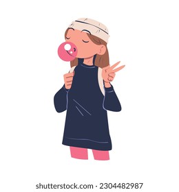 Confident Woman Character Blowing Gum Bubble with Satisfied Face Showing V Sign Gesture Expressing Self Pride Vector Illustration
