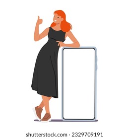 Confident Woman Character Giving A Thumbs-up While Leaning On A Giant Smartphone With A Blank Screen, Symbolizing Approval And Modern Technology. Cartoon People Vector Illustration