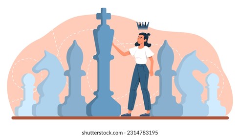 Confident woman with chess pieces concept. Planning and goal setting, strategy. Business person with start up or project. Young girl with chess game. Cartoon flat vector illustration