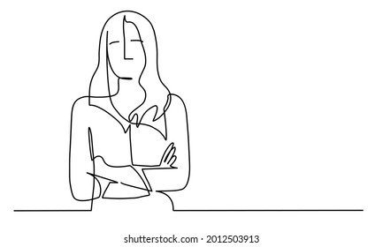 Confident woman with crossed arms. Hand drawn vector illustration. Black and white.