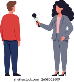 A confident woman with curly hair holds a microphone as she interviews a man wearing a red sweater, conveying an engaging and professional atmosphere.