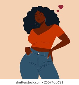 Confident Woman with Curly Hair and Red Shirt Expressing Love and Self-Affection in a Modern Illustration