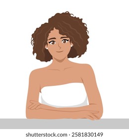 Confident woman with curly hair sits calmly, wrapped in a white towel ready to do skincare routine. Flat vector Character Illustration