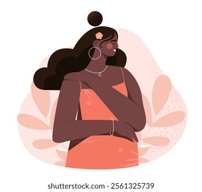 Confident woman with dark wavy hair, wearing an orange dress, adorned with jewelry and a flower in her hair. Self confidence, acceptance, body positivity. Cartoon flat vector illustration