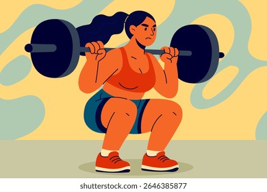 Mulher confiante fazendo bate-papos de barbell na academia, focada no treinamento de força