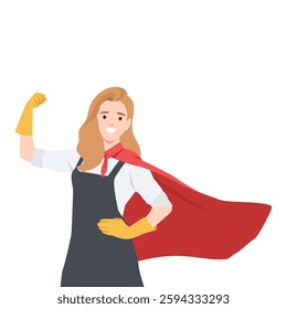 Confident woman dressed as a superhero, wearing gloves and a cape,flexes her arm in a powerful pose. Flat vector illustration isolated on white background