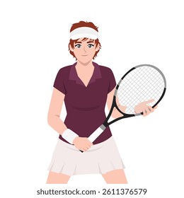 Confident woman dressed in tennis gear holds her racket with both hands, preparing for the court. Flat Vector character illustration
