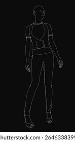 A confident woman in an elegant black and white outline drawing, wearing a detailed dress with a high neckline, long sleeves, and pleated skirt. Her hair is styled in a neat bun against a dark.