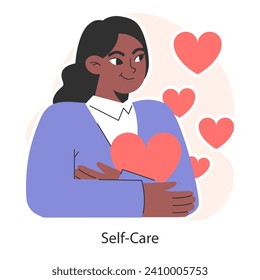 Confident woman embracing self-care, surrounded by hearts. Personal well-being focus. Emotional balance. Mindfulness practice and mental health awareness. Flat vector illustration
