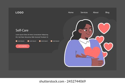 Confident woman embracing self-care, surrounded by hearts night or dark mode web banner or landing page. Personal well-being and emotional balance. Mindfulness practice. Flat vector illustration