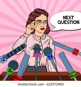 Confident Woman Giving Press Conference. Mass Media Interview. Pop Art Vector illustration