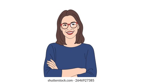 Confident Woman with Glasses Smiling and Arms Crossed in a Blue Top