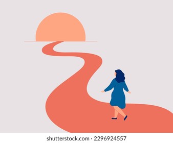 Confident woman goes forward to her life goals. First step to self love and freedom. Happy female person achieves dreams and realizes plans. Personal growth and development lifestyles pathway. Vector