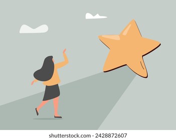 La mujer segura de sí misma sigue adelante con sus metas de vida. Primer paso hacia el amor propio y la libertad. Persona femenina feliz logra sueños y realiza planes. El crecimiento personal y el desarrollo de estilos de vida. Vector