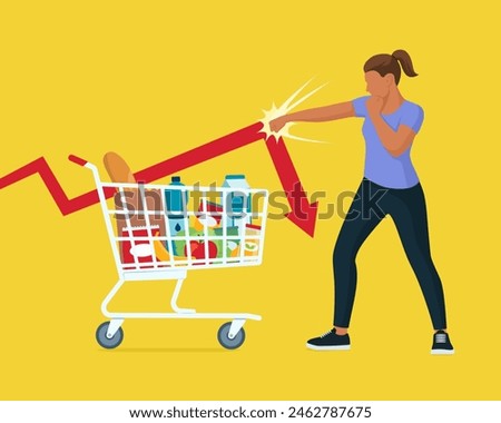 Confident woman hitting an arrow, she is doing grocery shopping and fighting inflation