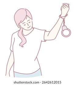 A confident woman holds handcuffs, symbolizing her freedom and empowerment, knowing her worth and capabilities