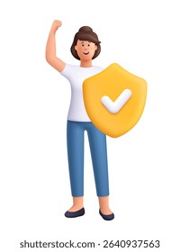 Confident woman Jane standing with one arm raised in triumph and holding a golden shield with checkmark symbol. Protection, insurance concept. 3d vector people character. Cartoon minimal style.