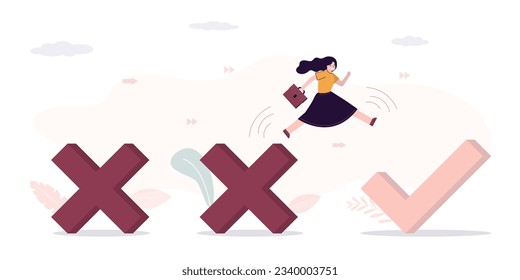 Confident woman jumping from bad luck cross to check mark. Overcoming obstacles, moving towards success. Learning from mistakes, motivation to develop and move to success. Vision of opportunity.