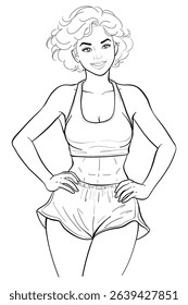Confident woman line art illustration, showcasing a strong, healthy body with visible abs. Perfect vector outline drawing for fitness, exercise, and sporty lifestyle content. Ideal for health, workout