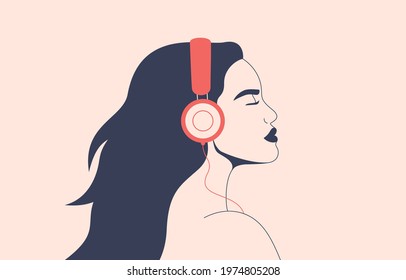Confident woman listens to music with headphones. Girl with flying hair in earphones enjoying the sound. Vector illustration