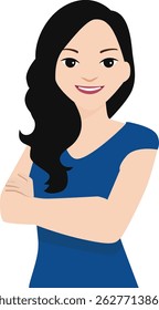 A confident woman with long black hair, wearing a blue top.
She is smiling and has her arms crossed, giving a strong and positive impression. Vector Flat Illustration