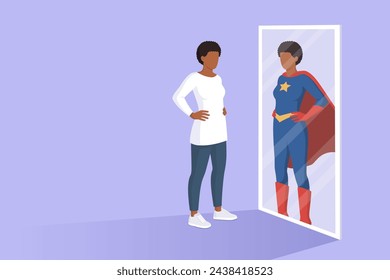 Confident woman looking at a mirror and seeing herself as a superhero, identity and empowerment concept