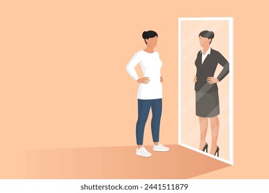 Confident woman looking at the mirror and seeing herself as a businesswoman wearing formal clothing, identity and aspirations concept