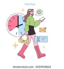 Confident woman manages her time efficiently, juggling part-time work and personal tasks. Embracing flexibility and balance. Flat vector illustration