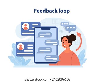 Confident woman manages an interactive feedback loop on her digital device, enhancing communication and refining user experience. Continuous improvement cycle. Flat vector illustration.