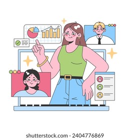 Confident woman multitasks with digital screens engaging in a video call while analyzing data graphs. The modern workspace blends personal interaction and data-driven decision-making. Flat vector