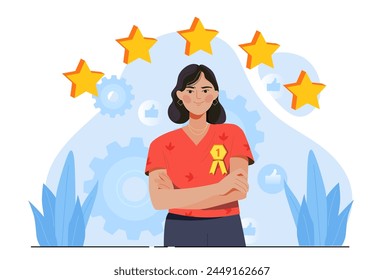 Confident woman with a number one ribbon, stars, and gears on a light background, symbolizing achievement and success. Flat vector illustration