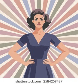 Confident woman on pastel sunburst background. Feminism and equality concept. Flat illustration in retro style