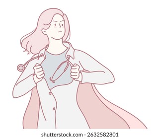 A confident woman physician heroically represents strength, creativity, and dedication in healthcare