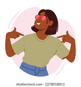 Confident Woman Pointing At Herself With Positive Expression Symbolizing Self-love, Self-confidence, Self-promotion, Personal Growth, Self-improvement, Self-esteem. Cartoon People Vector Illustration