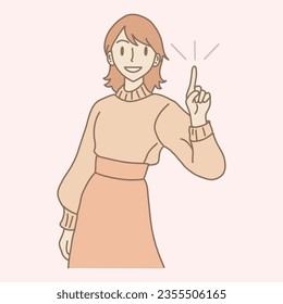 Confident woman pointing up, raising index finger, showing idea to be number one. Hand drawn flat cartoon character vector illustration.