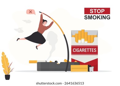 Confident woman pole vault and jumping over smoking addiction. Full cigarette pack, ashtray with butts. Bad habit, stop unhealthy lifestyle. Quit smoking motivation banner. flat vector illustration