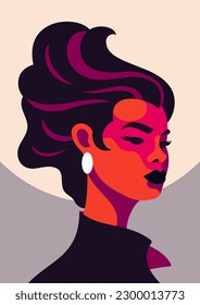 Confident woman portrait abstract hair contemporary pop art color poster t shirt print card vector flat illustration. Independent female fashion head minimal modern artwork feminism for Women's Day
