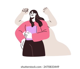 Mujer segura de sí misma con poder y fuerza en espíritu. Concepto de autoconfianza y motivación. Mujer valiente fuerte, motivada y ambiciosa. Ilustración vectorial plana aislada sobre fondo blanco